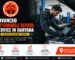 Featured image showing a professional automobile repair workshop in Haryana with a mechanic using advanced diagnostic tools beside a car engine, along with the Sita Ram Hanuman logo.