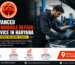 Featured image showing a professional automobile repair workshop in Haryana with a mechanic using advanced diagnostic tools beside a car engine, along with the Sita Ram Hanuman logo.