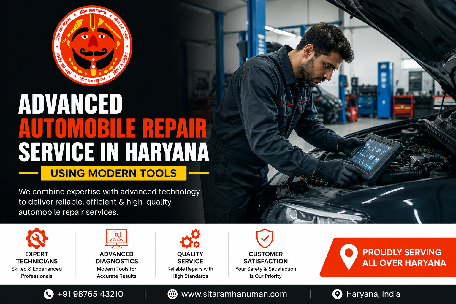 Featured image showing a professional automobile repair workshop in Haryana with a mechanic using advanced diagnostic tools beside a car engine, along with the Sita Ram Hanuman logo.
