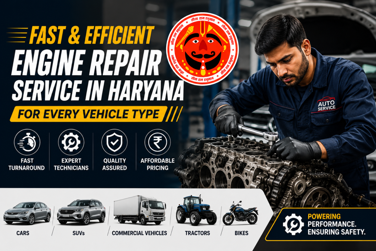 Professional mechanic repairing a vehicle engine in a modern workshop with branding logo and text promoting fast and efficient engine repair services in Haryana for all vehicle types.
