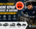 Professional mechanic repairing a vehicle engine in a modern workshop with branding logo and text promoting fast and efficient engine repair services in Haryana for all vehicle types.