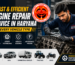 Professional mechanic repairing a vehicle engine in a modern workshop with branding logo and text promoting fast and efficient engine repair services in Haryana for all vehicle types.