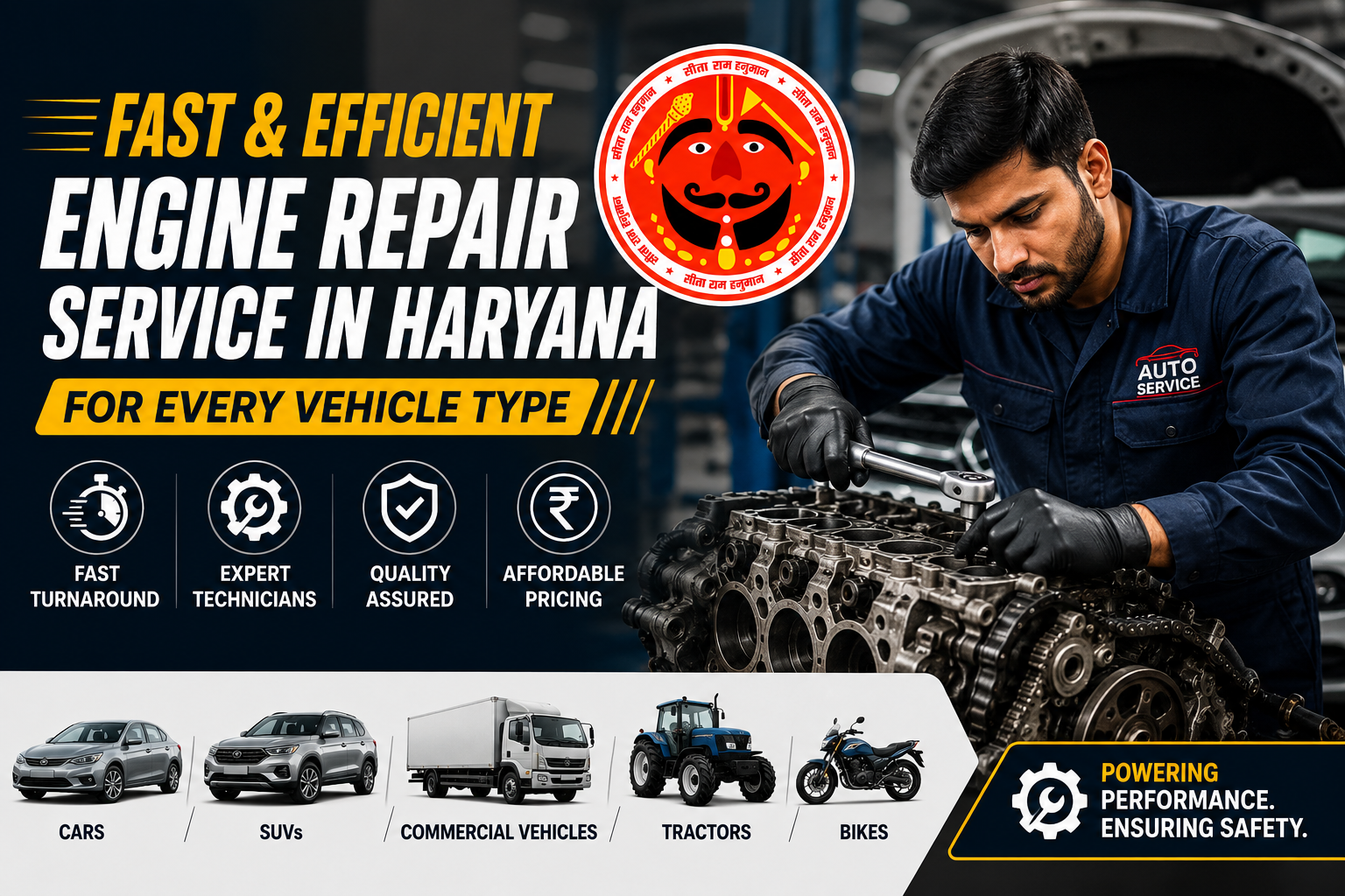 Professional mechanic repairing a vehicle engine in a modern workshop with branding logo and text promoting fast and efficient engine repair services in Haryana for all vehicle types.
