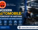 Featured image of a modern automobile workshop in Haryana with a mechanic repairing a car and the Sita Ram Hanuman logo displayed prominently.