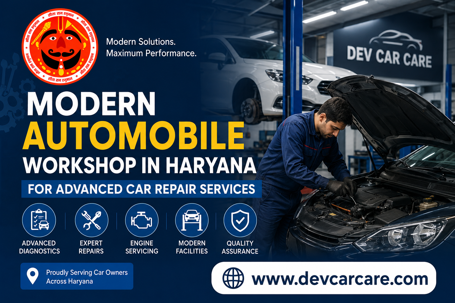 Featured image of a modern automobile workshop in Haryana with a mechanic repairing a car and the Sita Ram Hanuman logo displayed prominently.