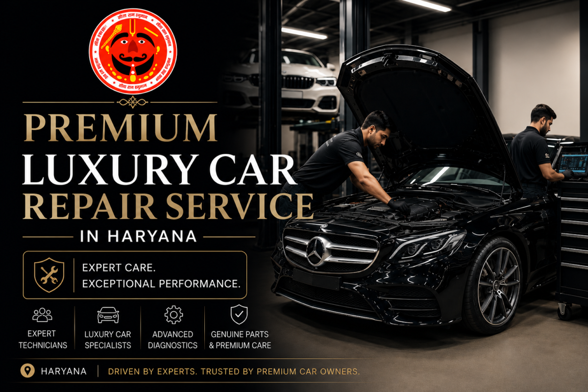 Luxury car repair service in Haryana with expert technicians servicing a premium black car in a modern workshop.